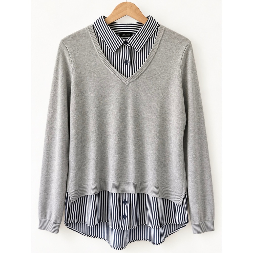 Adrianna Papell sz L Two Over Button Up Sweater Vest Combo Top Academia Career